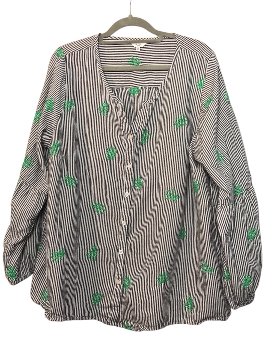 crown & ivy Black-and-White Stripe Button-Down Tunic with Green Embroidery
